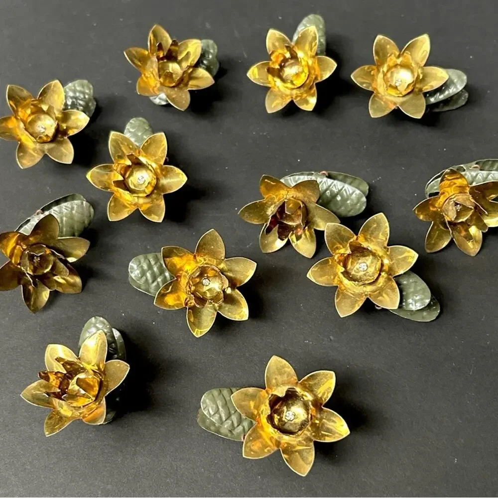 Vintage 1940s Gold & Green Metal Floral Clip-On Christmas Tree Candle Ornaments